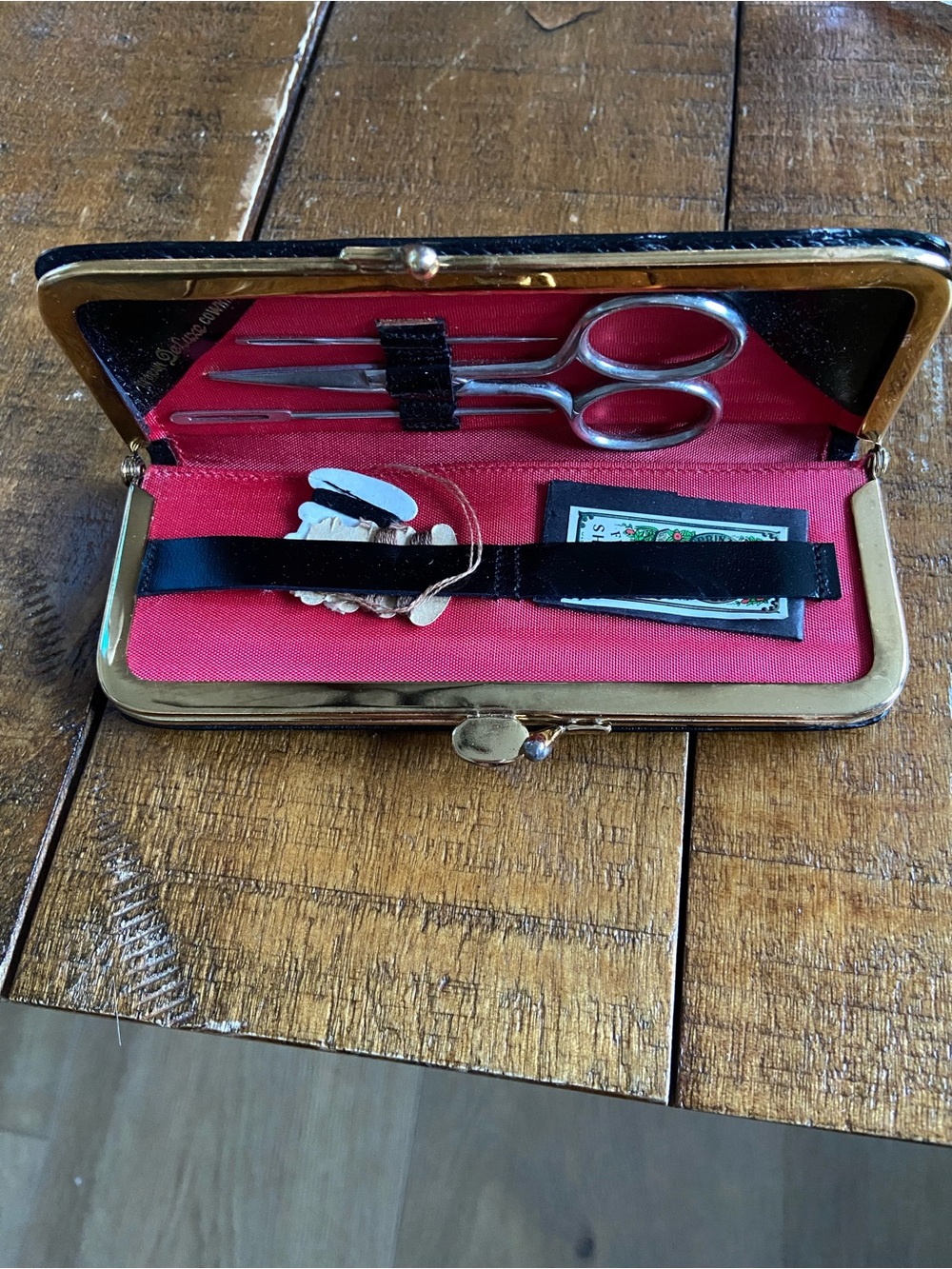 Vintage Gold-Trimmed Red Interior Sewing/Manicure Set Travel